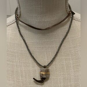 Pyrite Beaded Deer Antler Leather Necklace